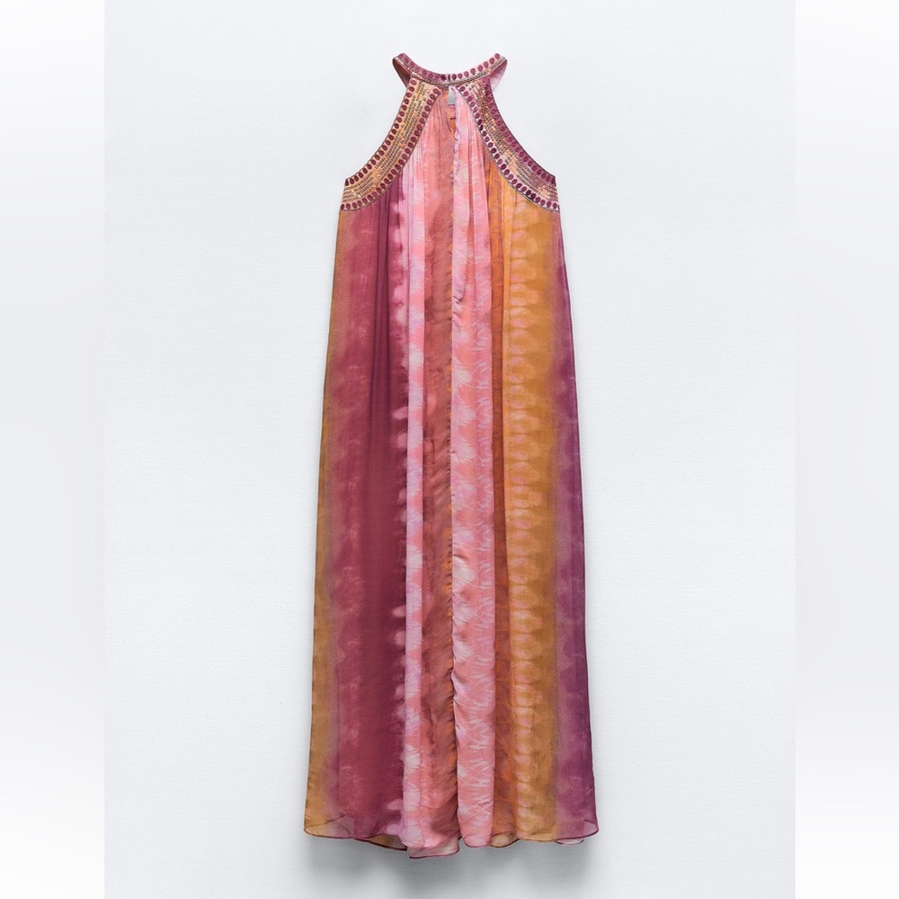 Zara chiffon SEQUIN beaded embellished TIE-DYE maxi DRESS sz.S - Picture 10 of 17